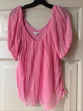 Rebecca Taylor Pink Crinkle Puff-Sleeve V-Neck Blouse